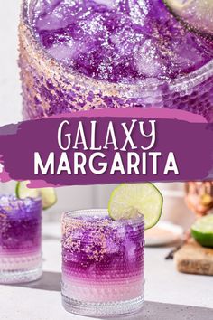 two glasses filled with purple liquid and lime slices