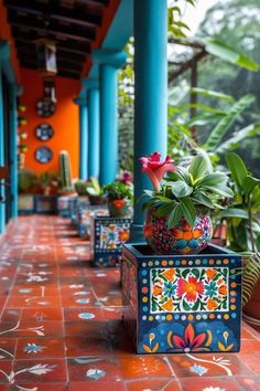 colorfully painted planters line an orange and blue tiled walkway with potted plants on either side