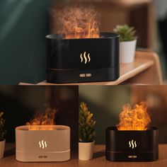 three different views of the same device with fire coming out of it's top and bottom