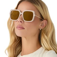 Introducing, our iconic Sandra sunglasses. These show stopping shades feature an oversized square fit, metal temples, and retro feel. Chic Gold Wayfarer Sunglasses, Gold Shield Sunglasses With Uv Protection And Square Frame, Modern Gold Shield Sunglasses With Square Frame, Casual Gold Square Frame Sunglasses, Gold Rectangular Sunglasses With Uva Protection, Gold Shield Sunglasses With Polarized Square Frame, Luxury Rectangular Shield Sunglasses For Summer, Modern Gold Sunglasses For Spring, Rectangular Shield Sunglasses With Mirrored Lenses