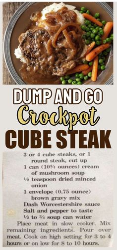 Crockpot Dump Dinners, Easy Crockpot Dump Meals, Cube Steak Crock Pot Recipes, Dump And Go Crockpot, Steak Gravy, Postpartum Meal, Crockpot Dump Recipes, Crock Pot Lasagna Recipe, Crockpot Cube Steak