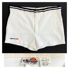 "70s sport ladies/unisex shorts by Ellesse. Original pair in excellent condition. White ribbed fabric. Navy blue and white elasticated waist (slightly stretched). Side pockets. SIZE: IT/D 48 US 32 M Waist: 32\" Length:  12\"/30.8cm" Poppy Hat, Winter Fur Coats, White Silk Blouse, Tennis Shorts, Retro Hats, Sports Shorts Women, Vintage Tennis, Retro Sport, Green Shorts