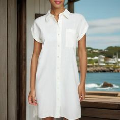 Elevate Your Summer Wardrobe With This Stunning Calvin Klein Shirt Dress. The Dress Features A Button-Front, Midi Length, Collared Neckline And Short Sleeves. The Dress Is Made Of A Woven Linen Rayon Blend, Making It Perfect For Summer. The Dress Comes In A Size 4 (Small) Gorgeous White Cream Color! New! $99 Tag Please See Measurements In Pics. Solid Color Shirt Dress With Pockets For Beach, Shirt Dress With Pockets For Beach, Beach Shirt Dress With Pockets, Knee-length Shirt Dress For The Beach, Button-up Shirt Dress In Solid Color For Beach, Button-up Shirt Dress For Beach In Solid Color, Knee-length Shirt Dress With Buttons For Beach, Solid Color Button-up Shirt Dress For Beach, Button-up Solid Color Shirt Dress For Beach