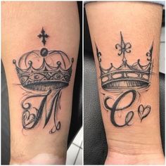 two tattoos with crowns on their arms and the letters c and n are in black ink