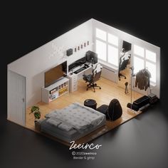 an overhead view of a bedroom with a bed, desk and computer chair in it