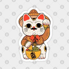 a sticker with an image of a cat wearing a hat and holding a bowl of guacamole