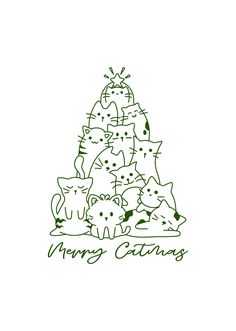 a christmas tree with cats around it and the words merry catmas written in green