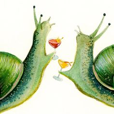 two snails with wine glasses on their backs and one snail holding a glass of wine