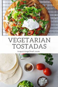 vegetarian tostadas on a cooling rack with tortilla shells and tomatoes