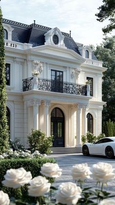 a white car is parked in front of a large house with roses on the driveway