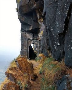 a cave entrance on the side of a mountain with grass growing out of it's sides