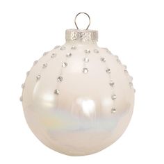 a white christmas ornament with silver beads on the top and bottom, isolated against a white background