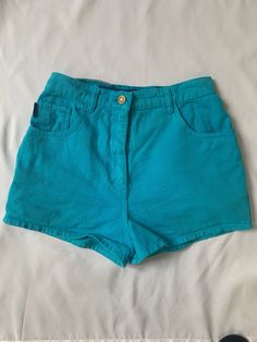 Glorious 1980s teal denim hot pants shorts by 'outpost'.  Marked size 10, waist approx 26", 12" waistband to hem.  In very good vintage condition. Retro High Rise Cotton Shorts, 90s High Rise Shorts For Summer, Retro High Waist Summer Shorts, 90s High Rise Summer Shorts, 90s Style High Rise Summer Shorts, Fitted High Waist Cotton Jean Shorts, Retro High-waist Summer Shorts, Fitted High-waist Cotton Jean Shorts, Retro High Waist Jean Shorts For Summer