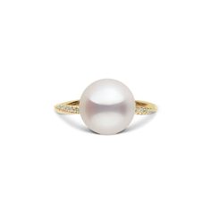 Pirouette Collection 10.0-11.0 mm White Freshadama Pearl and Diamond Ring Yellow Gold front White Akoya Pearl Timeless Ring, Timeless White Akoya Pearl Ring, Elegant White Gold Pearl Ring, Elegant White Pearl Ring With Charm, Luxury Oval Pearl Ring, Luxury Pearl Drop Ring For Formal Occasions, Formal Oval Pearl Ring, Elegant White Gold Pearl Ring With Diamond Accents, Formal Yellow Gold Pearl Rings