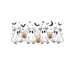 three white ghost with pumpkins and bats on their heads are lined up in a row