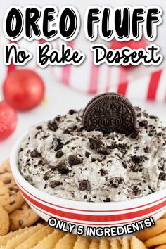 oreo fluff no bake dessert in a bowl surrounded by cookies