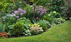 a garden filled with lots of different types of flowers and plants on top of green grass