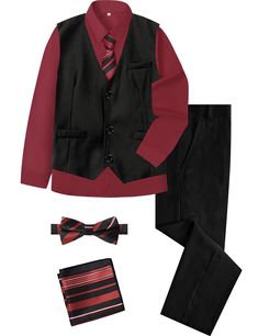 PRICES MAY VARY. This boys burgundy suit is classic fit formal wear dress, the full lining vest features v-neck, smooth back and adjustable back strap. Its modern look and style will bring you tons of compliments Stylish and elegant design of boys formal outfit with dress pants which is straight leg styling, elastic band at waist, zippered fly, slanted side pockets which give you a modern and trimmed-down silhouette with this boys suit set and makes you impression more gentleman Boys vest set is Boys Formal Outfit, Outfit With Dress, Formal Boys Outfit, Wedding Outfit For Boys, J Design, Prom Event, Boys Formal, Bearer Outfit, Boys Vest