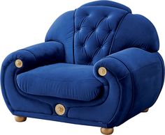 a blue chair with gold buttons on the armrests and foot rests against a white background