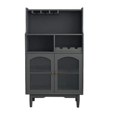 a gray cabinet with two doors and shelves