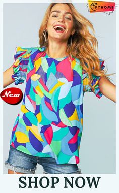 Multicolor Abstract Print Stitching Ruffle Sleeve Blouse Chic Blue Patchwork Blouse, Chic Blue Blouse With Patchwork, Trendy Multicolor Ruffle Sleeve Blouse, Chic Multicolor Ruffle Sleeve Blouse, Chic Multicolor Blouse With Ruffle Sleeves, Chic Multicolor Blouse With Flutter Sleeves, Chic Multicolor Flutter Sleeve Top, Chic Multicolor Flutter Sleeve Blouse, Spring Multicolor Tops With Ruffle Sleeves