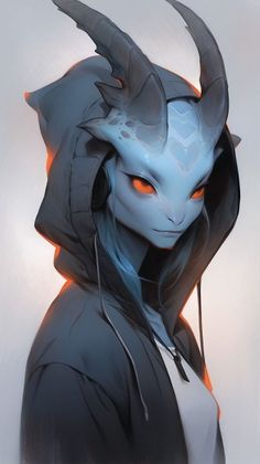 a drawing of a demon with orange eyes and horns on it's head, wearing a hoodie