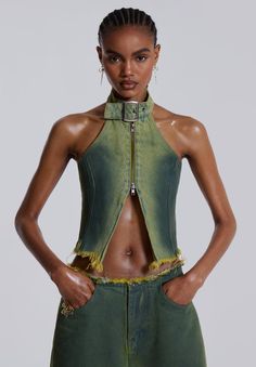 Green Denim Buckle Neck Top | Jaded London London Clothing, Denim Corset Top, Denim Jorts, Denim Corset, Jaded London, Acid Wash Denim, Sleeveless Bodysuit, Knit Hoodie