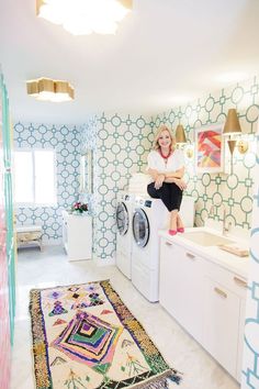 Our Colorful Laundry Room Inspired By Palm Springs Doors - Kelly Golightly Colorful Laundry Room, Wallpaper Laundry Room, Wallpaper Laundry, Pink Laundry Rooms, Palm Springs Decor, Laundry Room Colors, Interesting Decor, Room Inspired, Palm Wallpaper