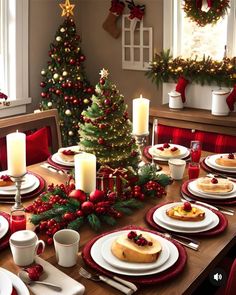 a table set for christmas dinner with candles and plates