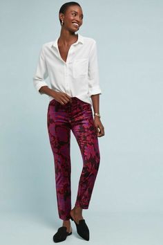 #JMP-14 Style No. 4123506939942 Tailored velvet trousers mean business. That’s why we designed our Essentials by Anthropologie collection to keep you polished - and comfortable - well past the confines of 9-to-5. Machine washable for fuss-free care, these slimming pants can be worn on repeat: In an endless array of colors and finishes, you’re sure to find more than one perfect pair to suit your style. Cotton, rayon, elastane Slim fit Side and back welt pockets Front zip Machine wash Imported Dim Plum Top Outfit, Plum Top, Printed Velvet, Velvet Trousers, Slim Trousers, Printed Trousers, Print Pants, Velvet Pants, Trouser Style