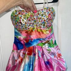 Nwt Party Time Colorful Floral Evening Gown With Rhinestones On Top And A Train Size 8 Measurements In The Photos Multicolor Sequined Dresses For Prom Season, Multicolor Cocktail Dress For Prom Season, Multicolor Sequin Dress For Prom, Summer Dress With Rhinestones And Sweetheart Neckline, Multicolor Sweetheart Neckline Evening Dress, Multicolor Prom Dress For Party Season, Pink Sequined Gown For Homecoming, Pink Party Gown With Rhinestones, Multicolor Dresses For Prom And Party Season