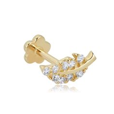 PRICES MAY VARY. Add a touch of shimmer to your girly getup with this pretty 14K Yellow Gold leaf cartilage piercing/flat back earring. This 018 gauge cartilage glistens with petite white Simulated Diamond Cubic Zirconia (CZ) accents. Includes a ball flower internally threaded backing in a matching color of high polished 14K gold. It measures 9mm in length and 4mm in width HYPOALLERGENIC: Safe for people with sensitive skin. Our fine jewelry is manufactured with authentic metals and solid stampe Anniversary Yellow Gold Cartilage Earrings With Diamond Accents, Elegant Yellow Gold Vvs Clarity Cartilage Earrings, Adjustable Yellow Gold Sterling Silver Cartilage Earrings, Yellow Gold Cubic Zirconia Cartilage Earrings, Elegant Yellow Gold Nickel-free Cartilage Earrings, Flat Back Earrings, Jewelry Safe, Cartilage Piercing, Piercing Jewelry