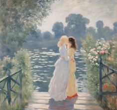 a painting of two women standing on a bridge looking out at the water and flowers