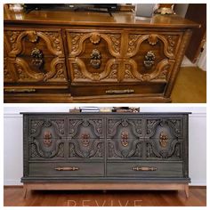 an old dresser has been transformed into a new piece of art with decorative carvings on the doors and drawers