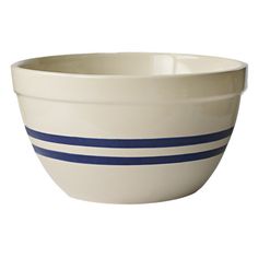 a white bowl with blue stripes on it