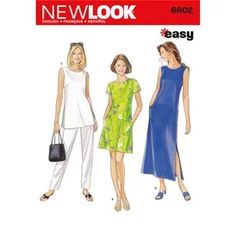 three women's dresses and one woman's purse are shown in this sewing pattern