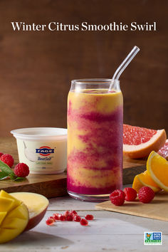 a smoothie with raspberries, oranges and yogurt