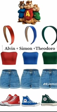 several different types of clothing and shoes with the words,'alvin + simon theodore '