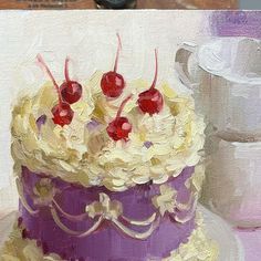 a painting of a purple cake with cherries on top and coffee cup in the background