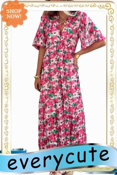 Pink Wide Sleeves Floral Print Maxi Dress Casual Pink Pleated Maxi Dress, Pink Pleated Maxi Dress For Vacation, Pink Pleated Vacation Dress, Spring Pink Pleated Maxi Dress, Multicolor Pleated V-neck Maxi Dress, Pink Pleated V-neck Maxi Dress, Pink Pleated Maxi Dress With V-neck, Multicolor Pleated V-neck Dress, Floral Print Maxi Dress