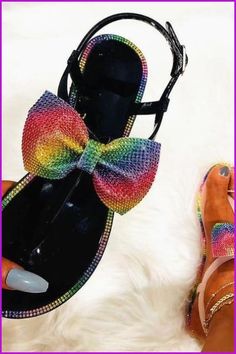 Bling Rainbow Crystal Bow Slippers Jelly Sandals Flat Slides DE241 - Furdela Bow Slippers, Jelly Flats, Basic Heels, Summer Wedges, Diamond Bows, Sandals Flat, Rhinestone Bow, Bow Flats, Rainbow Crystal