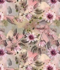 an abstract floral pattern with pink flowers and leaves