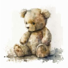 a watercolor painting of a teddy bear sitting on the ground with its paw up