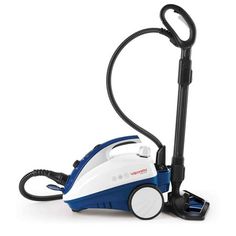 a blue and white steam cleaner on a white background with a black hose attached to it