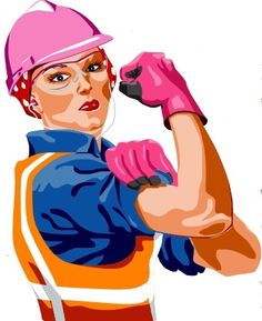 a woman in an orange vest and pink helmet is flexing her arm with both hands