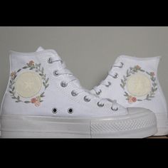 I Received These Hand Made Embroidered Converse High Tops As An Option For A Shoe To Wear To My Upcoming Wedding. They Are Gorgeous! Unfortunately, They Are Not My Size. Wish I Could Wear Them! Personalized White Converse, Bride Converse Shoes High Top, Wedding Converse Bride High Top, Platform Converse High Tops, Converse Platform High Top, Embroidered Converse High Tops, Converse Haute, Personalized Converse, Wedding Platform