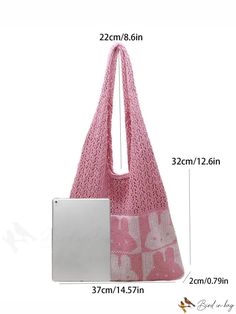 BirdinBag - Womens Hollowed Out Crochet Tote Bag - Cute Rabbit Pattern for Vacation Pink Knitted Bags For Daily Use, Pink Knitted Bag For Daily Use, Casual Pink Knitted Bag, Trendy Rectangular Crochet Bag For Errands, Everyday Pink Knitted Shoulder Bag, Casual Pink Hobo Bag For Errands, Casual Pink Crochet Bag For Daily Use, Spring Rectangular Knitted Bag, Spring Knitted Rectangular Bags