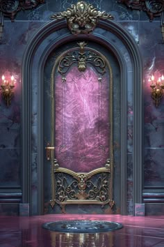 an ornate doorway with a pink screen in the center and two candles on either side