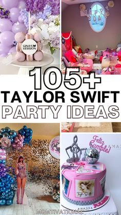 a collage of photos with balloons, cakes and decorations for a party or birthday