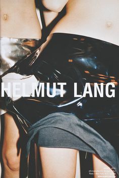 a woman in latex is posing with her legs crossed and the words nel mut lang on it